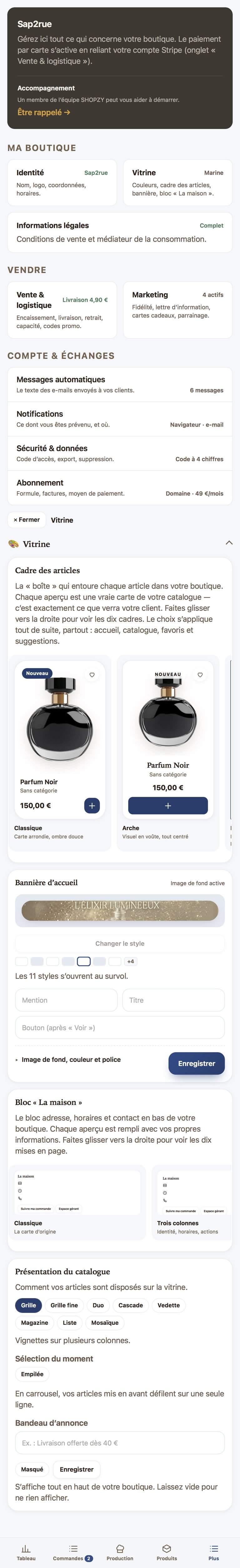 L'écran de réglages Shopzy : identité, vitrine, bannière et livraison