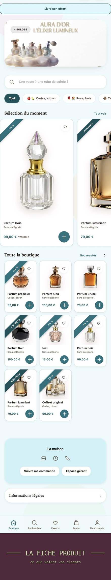 Une boutique Shopzy en design clair : bandeau de livraison, sélection du moment et fiche produit