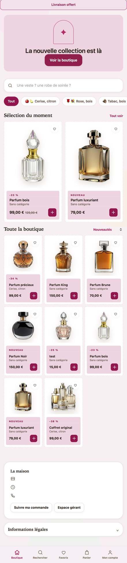 La même boutique en design poudré, rose pâle et bordeaux
